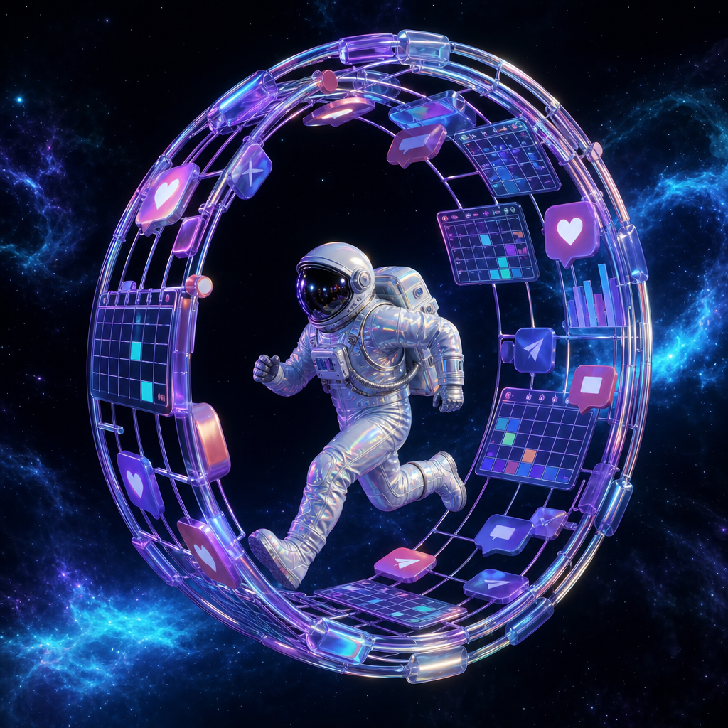An astronaut trapped on a glowing hamster wheel of DMs, notifications, and sales calls